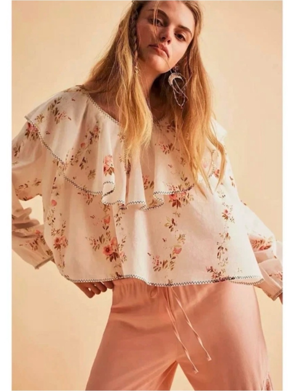 Free People Floral Ruffle Blouse in Cream with Pink Accents
